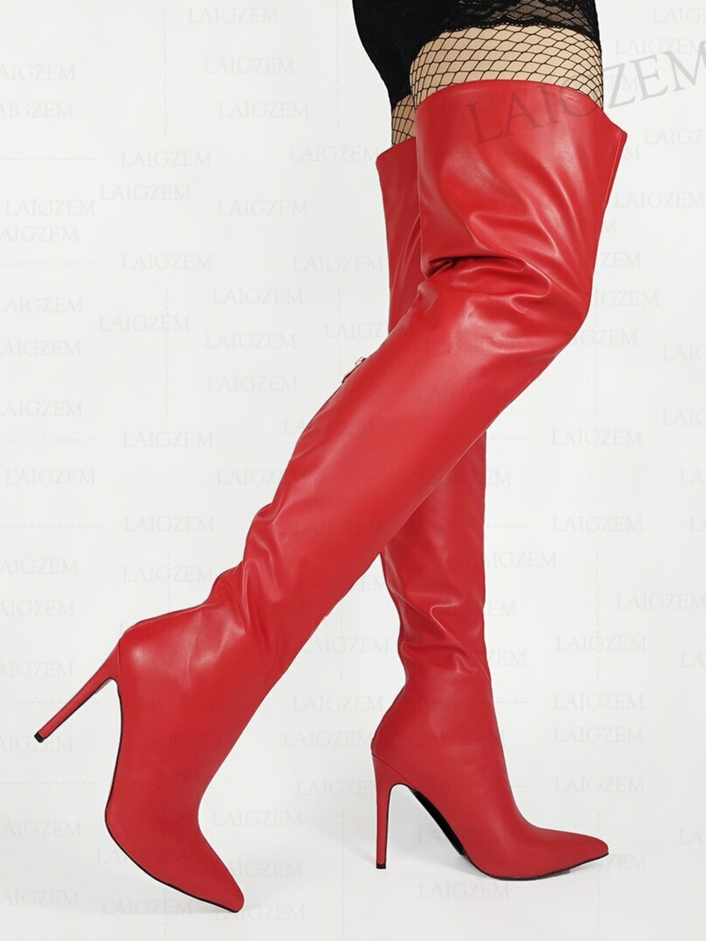 Red Thigh High Boots Faux Leather High Heels Over Knee